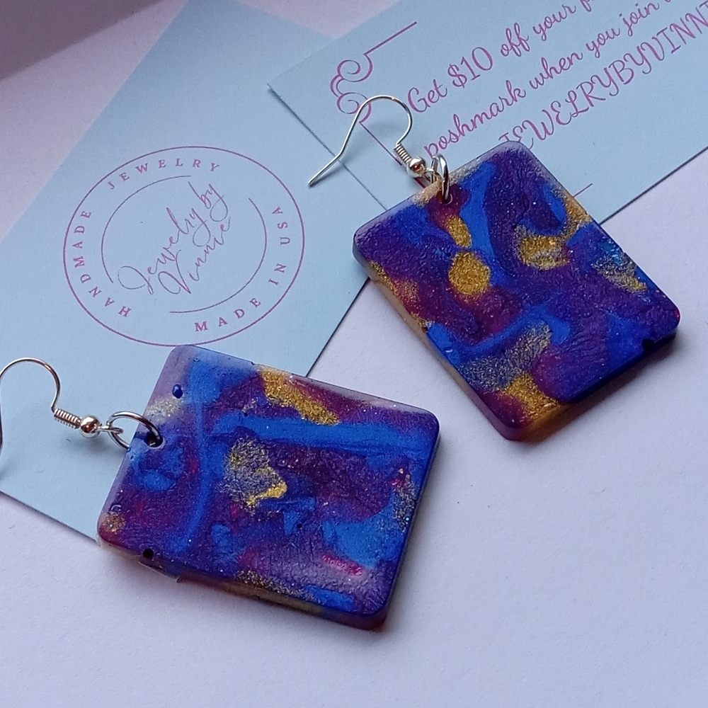 Hand Crafted Blue and Gold Artistic Earrings - Picture 3 of 6